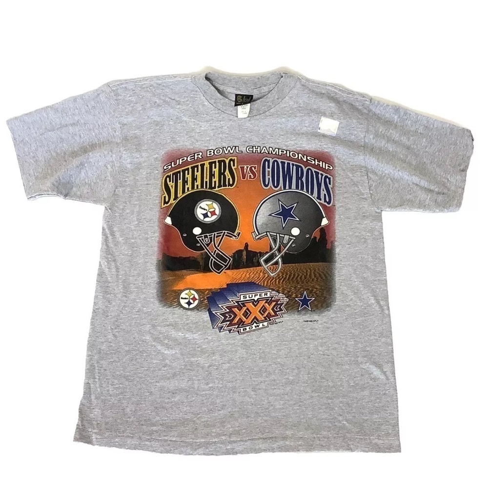 Vintage 1996 NWOT B Kul Sz L Super Bowl XXX Cowboys VS Steelers T Shirt Gray